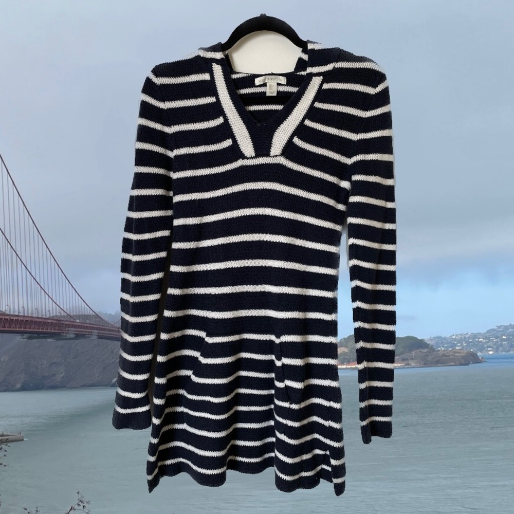 Navy Striped Knitted Hooded Long Sweater Dress
